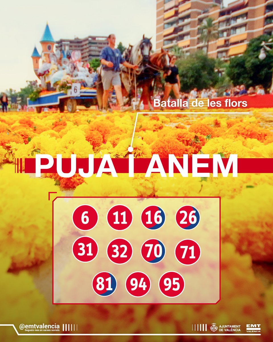 AjuntamentVLC's tweet image. ⚠️ Recordem els talls de @TransitValencia 🚧 i les prohibicions d'aparcar al passeig de l'Albereda ⛔️ amb motiu de la #BatalladeFlors 🌼 de @GranFeriaVLC que se celebra demà 🗓️
ℹ️ Consulta les afeccions 👉bit.ly/44NdtmE