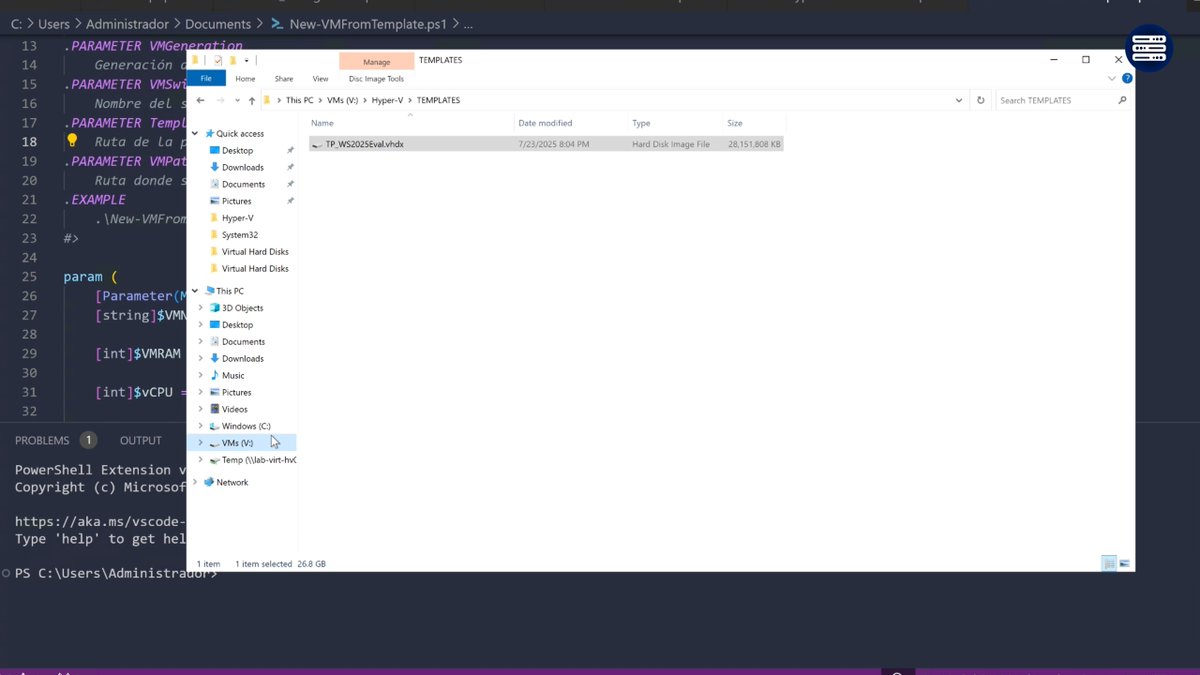 SoyITPro's tweet image. Tienen una NUEVA clase en el curso de virtualización con #HyperV 

Con el Script que te dejo vas a poder automatizar la creación de VMs con una plantilla VHDX.

→ Te copia el template .vhdx
→ Te crea la estructura de carpetas para la VM
→ Crea la VM con el template .vhdx
→…