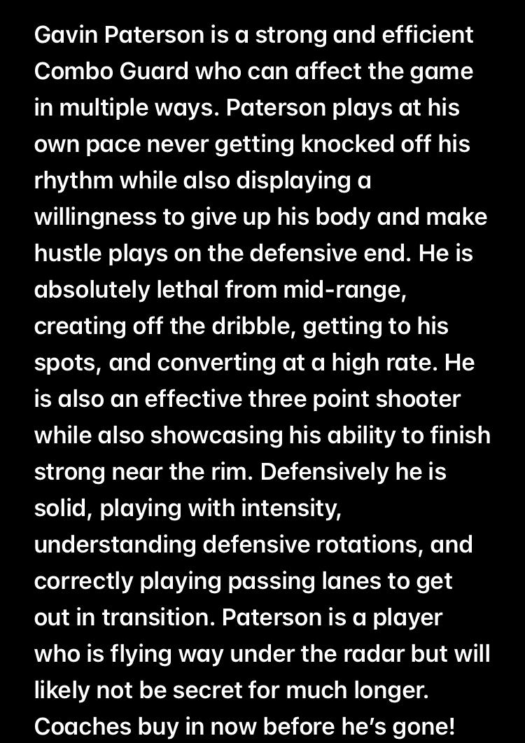 yc8thescout's tweet image. Gavin Paterson (2026)
Height: 6'3
POS: CG
HS: FSUS (FL)
Grassroots: Judah Nation (FL)
Calling Card: Efficient Scoring Threat
Current Offers: Dean College, Maine Maritime Academy