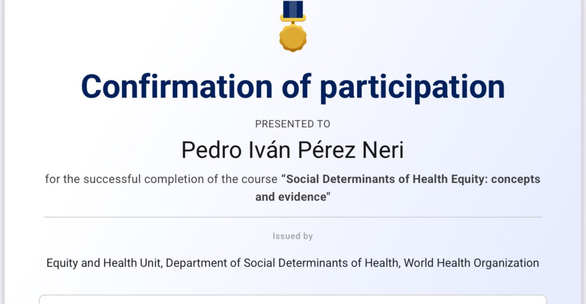 Iván Pérez-Neri (@ivanperezneri) on Twitter photo Proud to complete this World Health Organization <a href="/WHO/">World Health Organization (WHO)</a> course on Social Determinants of Health Equity.
Because health isn’t just personal — it’s political, structural, and deeply social.
#HealthEquity #WHO #JusticeInHealth Proud to complete this World Health Organization <a href="/WHO/">World Health Organization (WHO)</a> course on Social Determinants of Health Equity.
Because health isn’t just personal — it’s political, structural, and deeply social.
#HealthEquity #WHO #JusticeInHealth