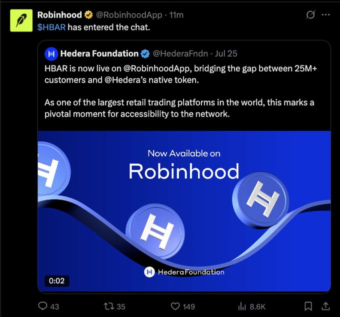 Hedera HBAR 现已登陆 Robinhood