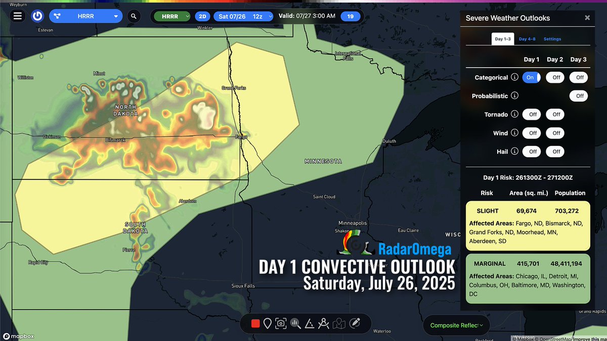 RadarOmega's tweet image. There is a Slight Risk of severe thunderstorms today for parts of the Dakotas and Minnesota. Strong to severe storms this afternoon through the overnight hours will primarily bring the risk for damaging winds, though a tornado or two is also possible. #NDwx #SDwx #MNwx