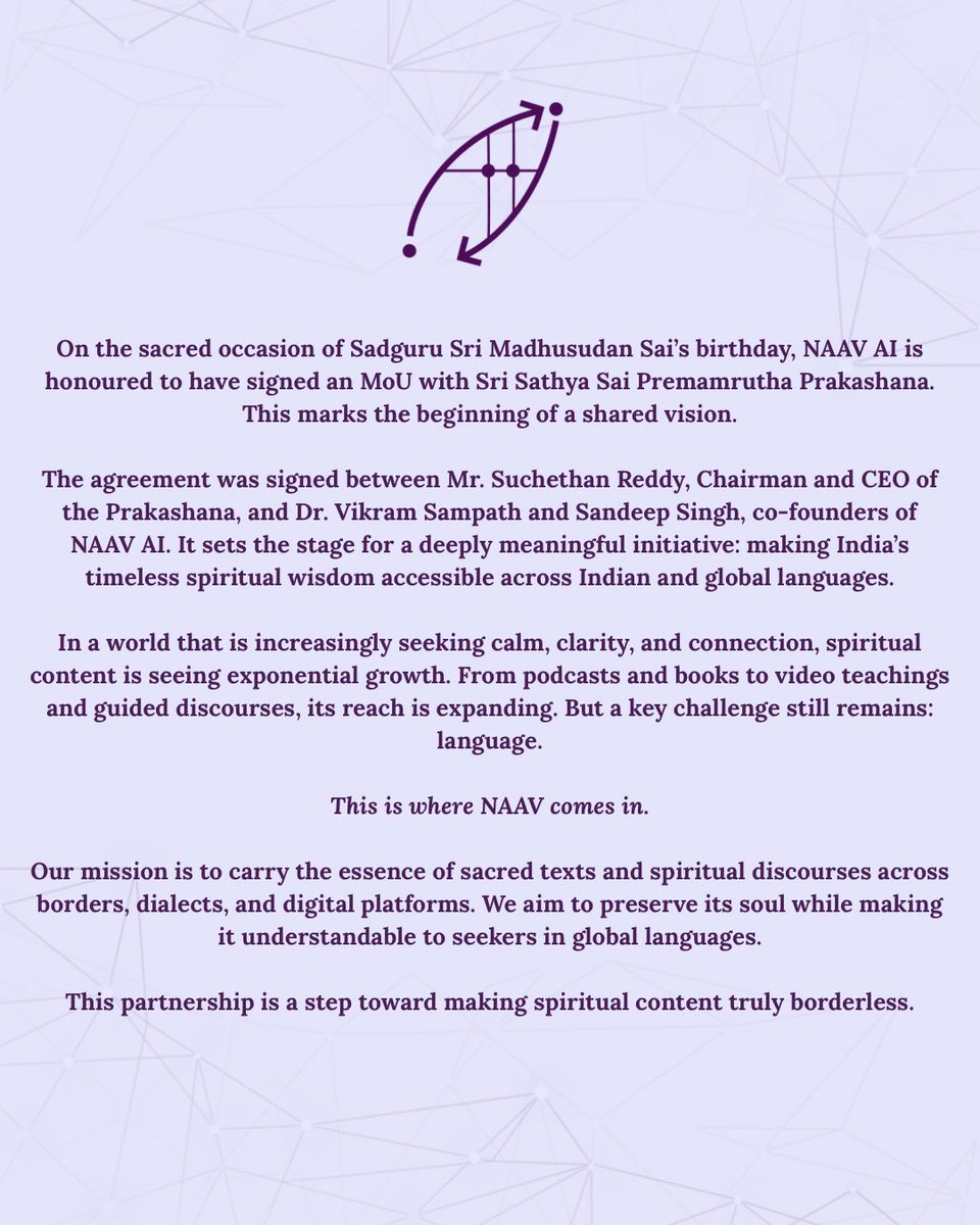 naav_ai's tweet image. Today, on Sadguru Sri Madhusudan Sai’s birthday, we’re honoured to partner with Sri Sathya Sai Premamrutha Prakashana to take India’s timeless spiritual wisdom beyond language barriers both in India and across the world.🙏🏼⭐️

@sri_madhu_sai @vikramsampath @heysandeeep