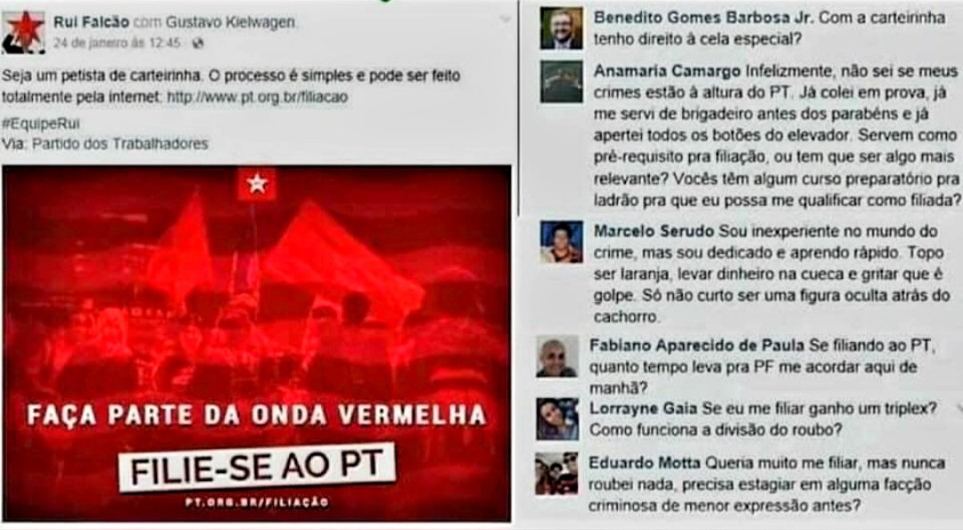 NandoTeixeiraV9's tweet image. O ex presidente do PT, Rui Falcão, convidou pessoas a se filiarem ao partido, os comentários são cômicos rsrsrs 

Começar o fim de semana rindo é muito bom.