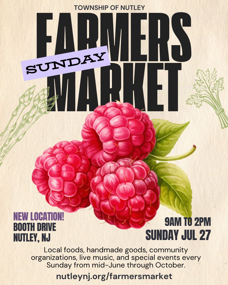 ☀️ Summer's Best! It's the Sunday Jul 27 9am-2pm Nutley Farmers Market!
🍑 Sign up for Aug 3 Peach Party Cook-Off: forms.office.com/g/5YqgKVMPvz 
📍 New Location: Booth Drive, Nutley
💚 See you at the #NutleyFarmersMarket!