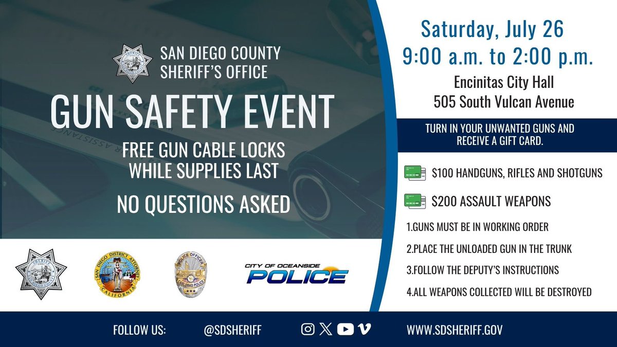 SDSheriff's tweet image. Join @SDSheriff and our law enforcement partners TODAY from 9:00 a.m. to 2:00 p.m. for a Gun Safety Event hosted by the North Coastal Sheriff’s Station at Encinitas City Hall (505 South Vulcan Avenue) in @EncinitasGov.
Get a gift card for your unwanted gun. Get a FREE gun…