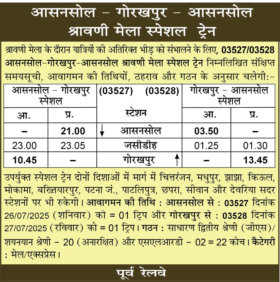 आसनसोल – गोरखपुर - आसनसोल श्रावणी मेला स्पेशल ट्रेन