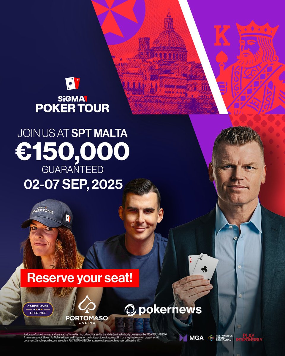 TheHendonMob's tweet image. 🔎 Tournament Spotlight 🌍 SiGMA Poker Tour - SPT Malta
📅 2-7 Sep
📍Portomaso Casino, St. Julian’s 🇲🇹
🟠 The Hendon Mob Championship: Sat 6 September #THMC
🔗 Schedule: pokerdb.thehendonmob.com/festival.php?a…
ℹ sigma.world/sigma-poker-to…