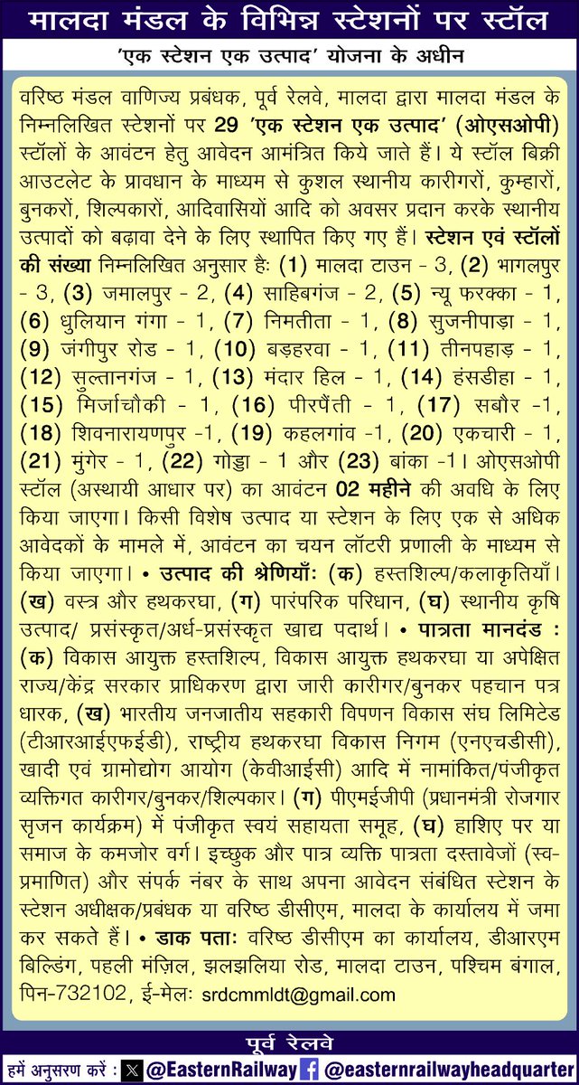 मालदा मंडल के विभिन्न स्टेशनों पर स्टॉल