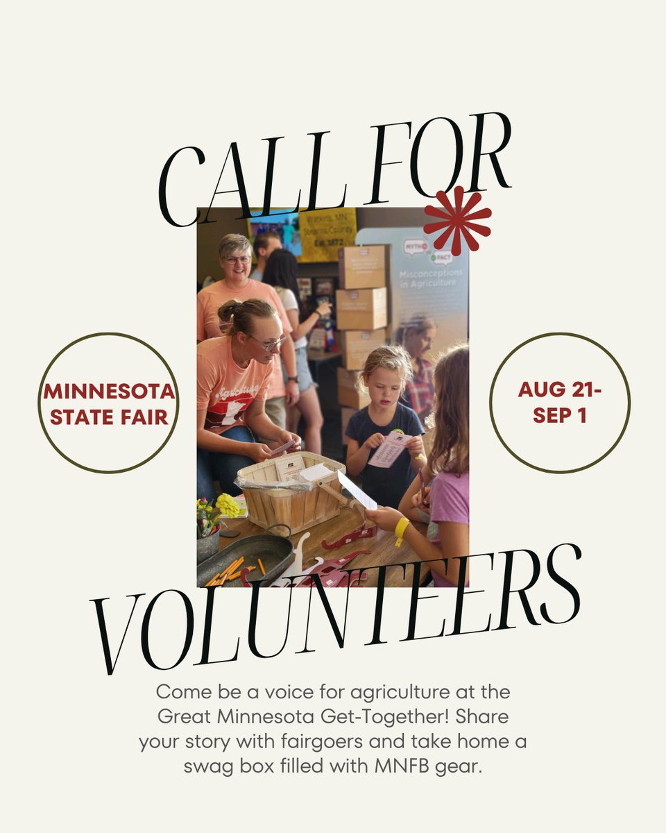 We’re looking for passionate advocates like you to share your story and help connect with fairgoers on the importance of agriculture. Be a voice for the industry and inspire others at the Minnesota State Fair! 

Sign up with this link ow.ly/k0qn50Ws2wL
