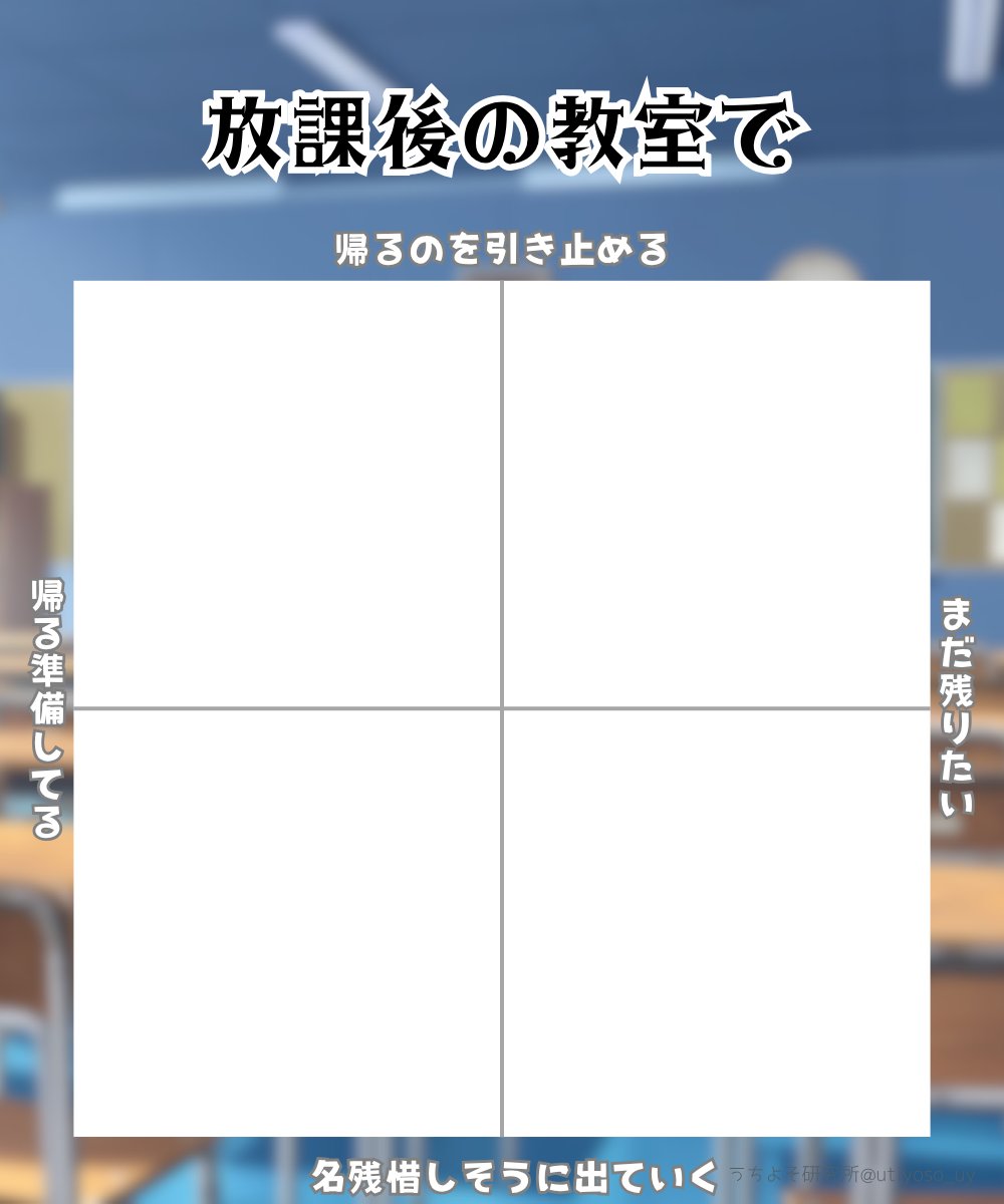 utiyoso_uy's tweet photo. うちよそで『放課後の教室』の傾向教えてーーー！！！
#創作テンプレート #十字グラフ #うちよそ研究所 https://t.co/TROav9eCTt