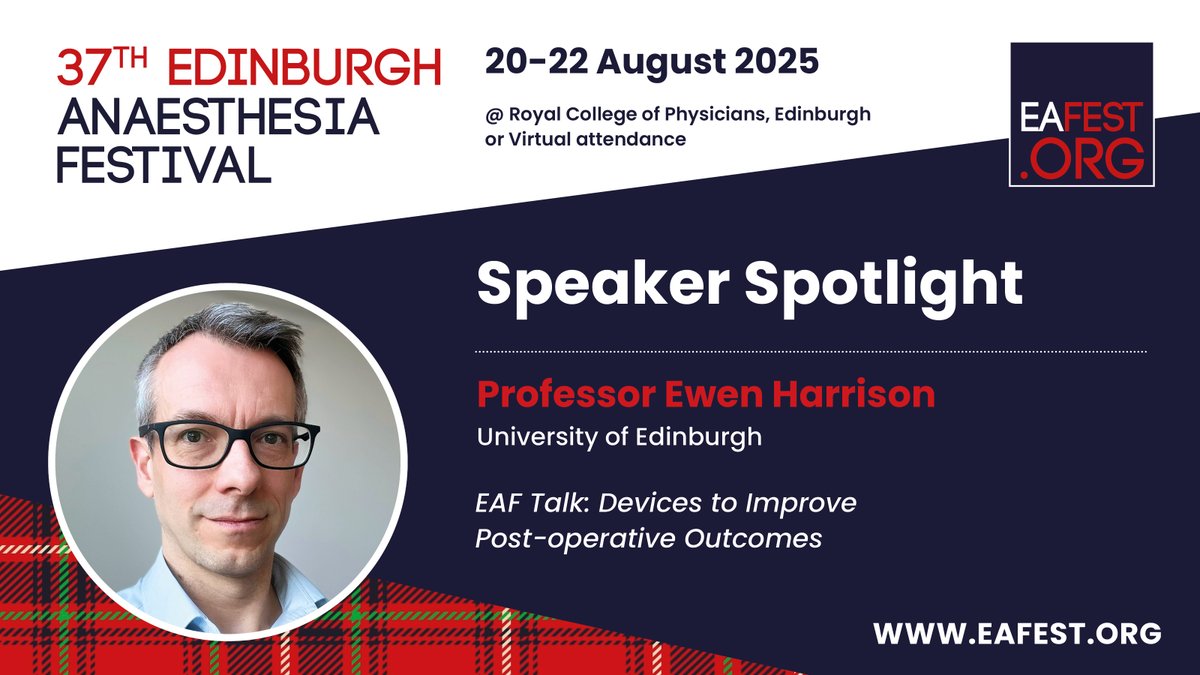 Edinburgh Anaesthesia Festival (@eafestival) on Twitter photo Will continuous monitoring using wearables improve outcomes after surgery?
Join us to hear Professor Ewen M Harrison's talk "Devices to Improve Post-operative Outcomes" on the first day of our Edinburgh Anaesthesia Festival, 20-22 Aug <a href="/RCPEdin/">Royal College of Physicians of Edinburgh</a>. Register via Will continuous monitoring using wearables improve outcomes after surgery?
Join us to hear Professor Ewen M Harrison's talk "Devices to Improve Post-operative Outcomes" on the first day of our Edinburgh Anaesthesia Festival, 20-22 Aug <a href="/RCPEdin/">Royal College of Physicians of Edinburgh</a>. Register via