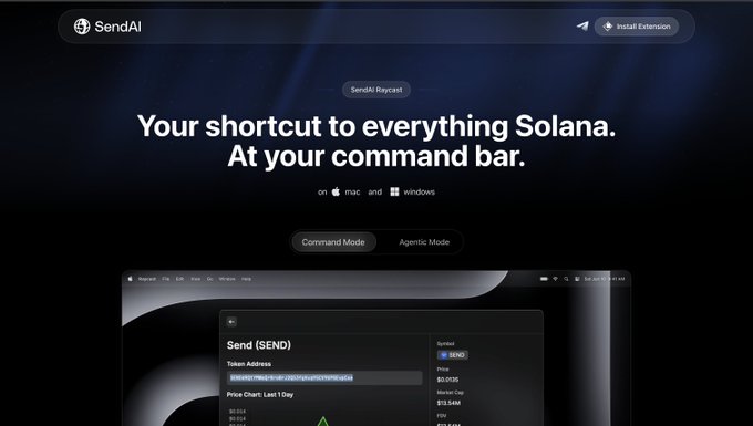 SendAI Raycast interface showing Solana command bar integration