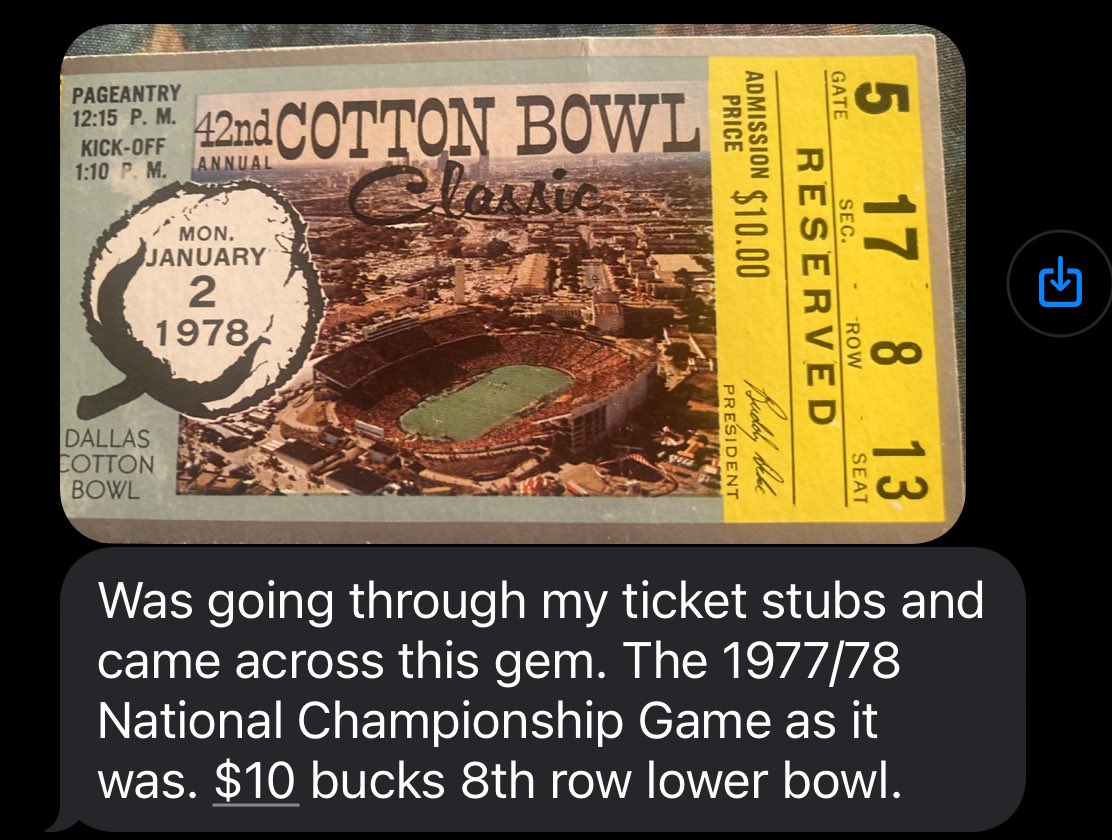tbhorka's tweet image. My uncle (@AndyHorka) found his ticket stub from the 1978 Cotton Bowl.
No. 1 Texas was favored to beat No. 5 Notre Dame by a touchdown but the Fighting Irish absolutely stomped the Longhorns in the Lone Star State, 38-10.
ND finished 11-1 and claimed the national championship.