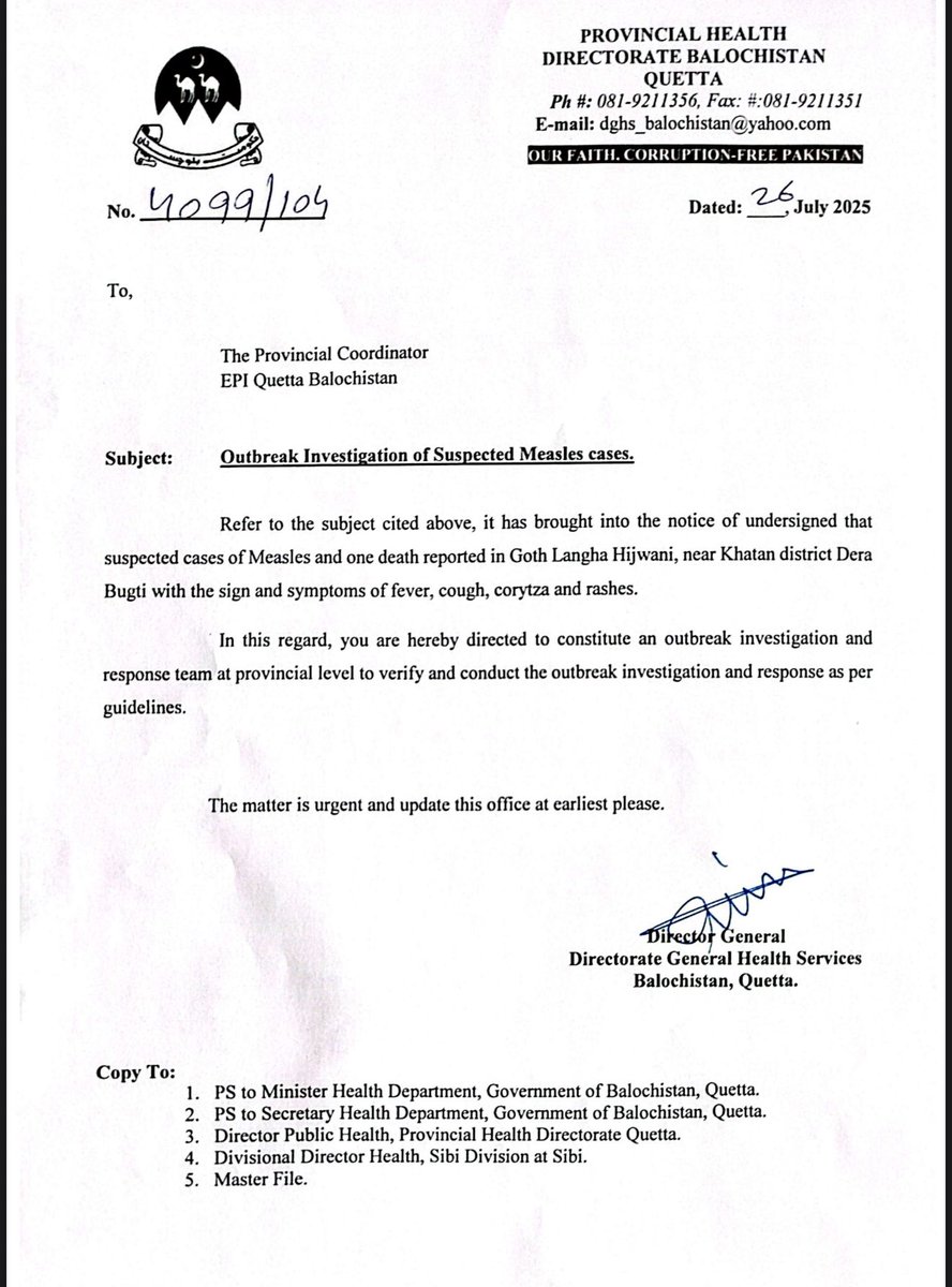 HealthDepartme5's tweet image. 🔴 Outbreak alerts in Balochistan:
📍Khuzdar – Suspected cholera (AWD) cases in Killi Noor Baksh; DHMT assigned.
📍Dera Bugti – Suspected measles with 1 death in Goth Langha Hijwani; EPI team mobilized.
Rapid response underway.
@bakhtkakar43 @PakSarfrazbugti @BBhuttoZardari