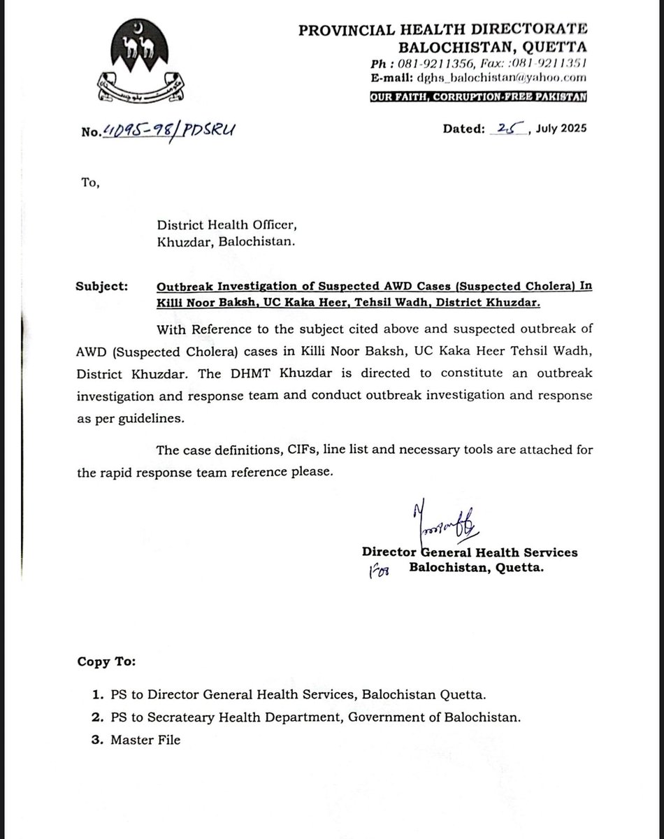 HealthDepartme5's tweet image. 🔴 Outbreak alerts in Balochistan:
📍Khuzdar – Suspected cholera (AWD) cases in Killi Noor Baksh; DHMT assigned.
📍Dera Bugti – Suspected measles with 1 death in Goth Langha Hijwani; EPI team mobilized.
Rapid response underway.
@bakhtkakar43 @PakSarfrazbugti @BBhuttoZardari