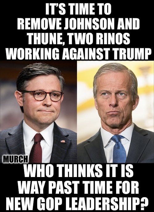 It’s way past time for new GOP leadership! 

President Trump’s nominees are still waiting and not confirmed. Over 50 federal judges and 262 other nominees are being stonewalled. We have the majority in the House and Senate! Johnson and Thune are thwarting President Donald Trump