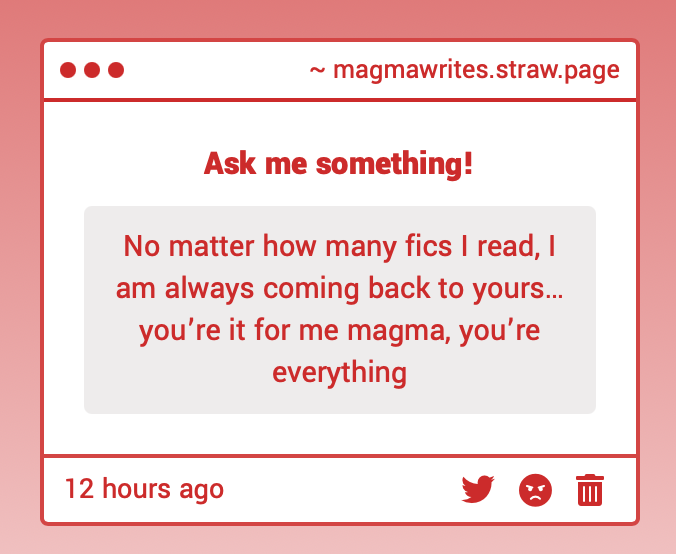 MagmaWrites's tweet image. omg what this is so sweet and cute 😭 thank you!! 😭💕
you sound like gojo confessing to geto and I&apos;m here for it 🙏