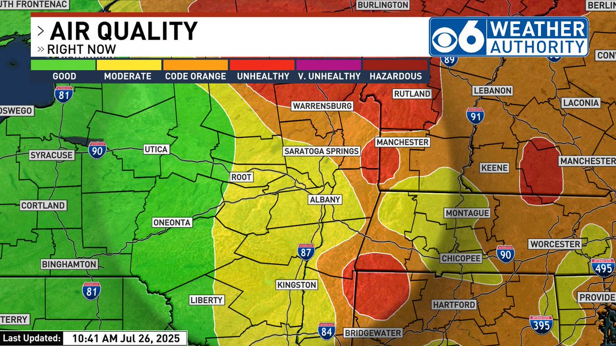 Canadian wildfire smoke is causing the "Haze" and this stuff is coming in low this morning impacting air quality, especially in the Hudson valley and across western New England.  Anyone with respiratory issues should limit exposure to outside air until this clears.