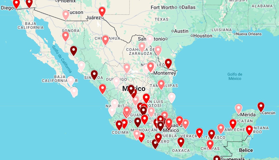 LaFabricaMX_'s tweet image. 🔴🗺️ #VISUALIZACIÓN| El mapa de la inseguridad en México.

Los mexicanos transitan las calles con temor, usan transporte público con inquietud, acuden a cajeros automáticos con miedo y hasta se sienten inseguros en lugares recreativos. 

El 63 % dijo que era inseguro vivir en su…