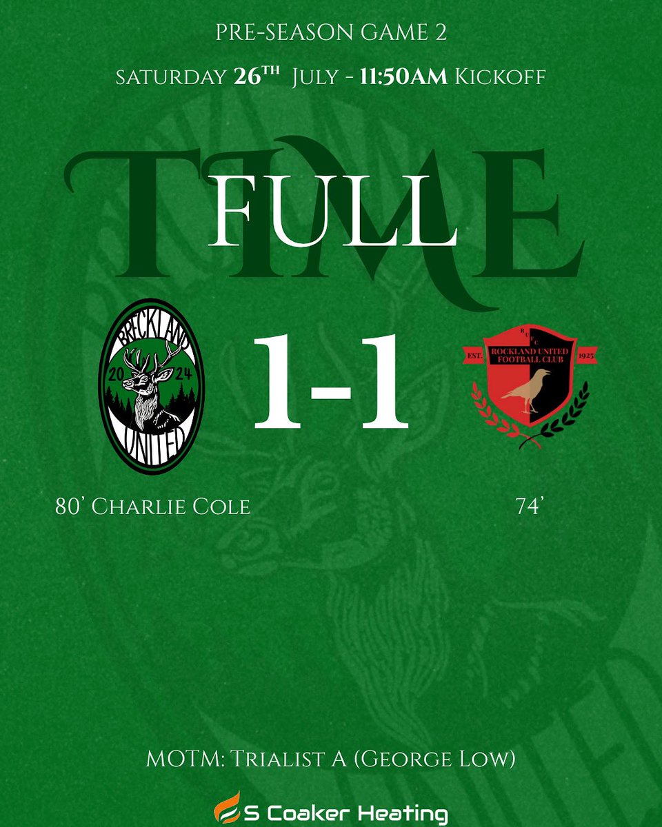 FULLTIME:

Breckland United FC 1-1 <a href="/RocklandUnited/">Rockland United F.C.</a> 

Match Graphics Sponsor: S Coaker Heating

Best of luck to Rockland United FC for their seasons ahead. And thank you for filling in at short notice. 

#UpTheStags💚🤍🦌