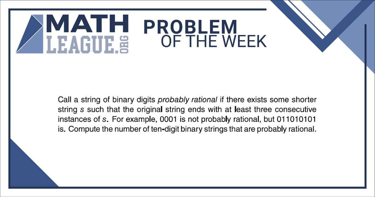 Here is our #highschool #mathproblemoftheweek for July 27. Please give the problem a try: submit your answer at bit.ly/mathleaguepotw, and you could win a #prize!

Check back in a few days to see a video explanation of this problem. #mathcompetition #math #mathleague