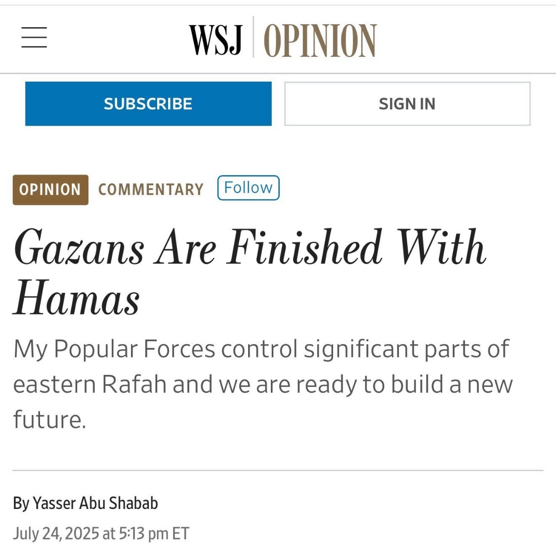 A literal drug dealer and mafia boss that is being supplied weapons by the Israeli regime and is stealing aid from starving Palestinians is given space for an op-ed in the Wall Street Journal. 

A total disgrace.