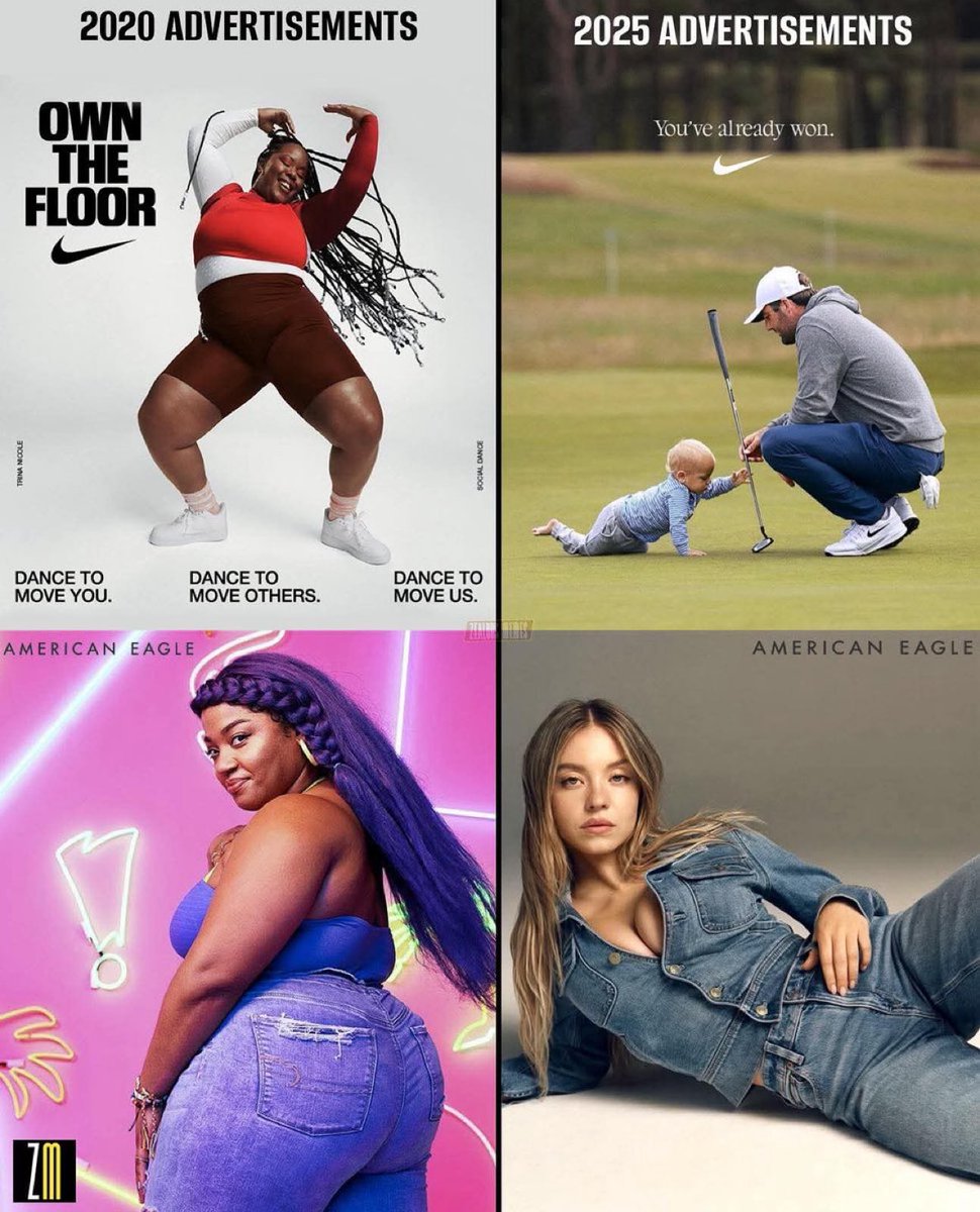 apiede_calle's tweet image. ‼️URGENTE: Campañas de Nike y American Eagle del 2020 al 2025.
American Eagle subió un 6% en bolsa después del anuncio de Sydney Sweeney.
#GoWokeGoBroke 🫡🪦