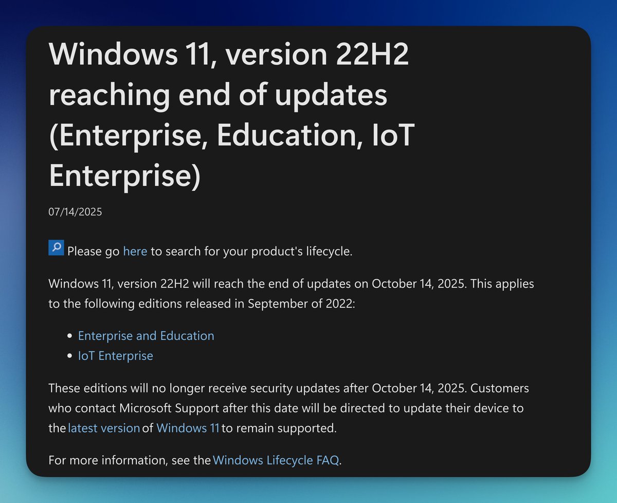 SoyITPro's tweet image. ❗️Microsoft ha publicado un recordatorio de que las SKU Enterprise, Education e IoT de #Windows11, versión 22H2 también llegarán al final del soporte el 14 de octubre.

Es importante tener en cuenta que las variantes Home y Pro de Windows 11, versión 22H2 ya llegaron al final de…