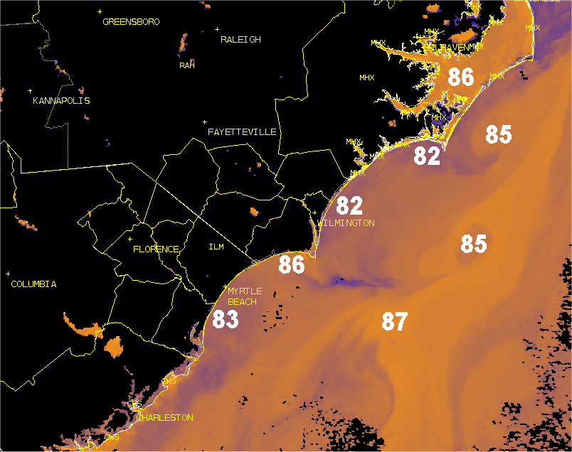 Sea surface temperatures, sensed by satellite, show lower 80s near shore to mid 80s in the Gulf Stream. It'll be interesting to see how these values change over the next several days of 95-100 degree heat. #ncwx #scwx #ilmwx