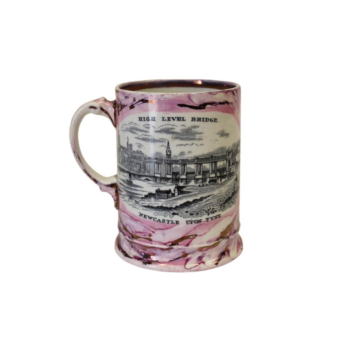 robertneuk's tweet image. Coming to auction, a nice example of a pink lustre tankard with what looks like a transfer print showing The High Level Bridge, Newcastle upon Tyne.
Appears to be unmarked on the base.
Image courtesy of Boldon Auction Galleries.