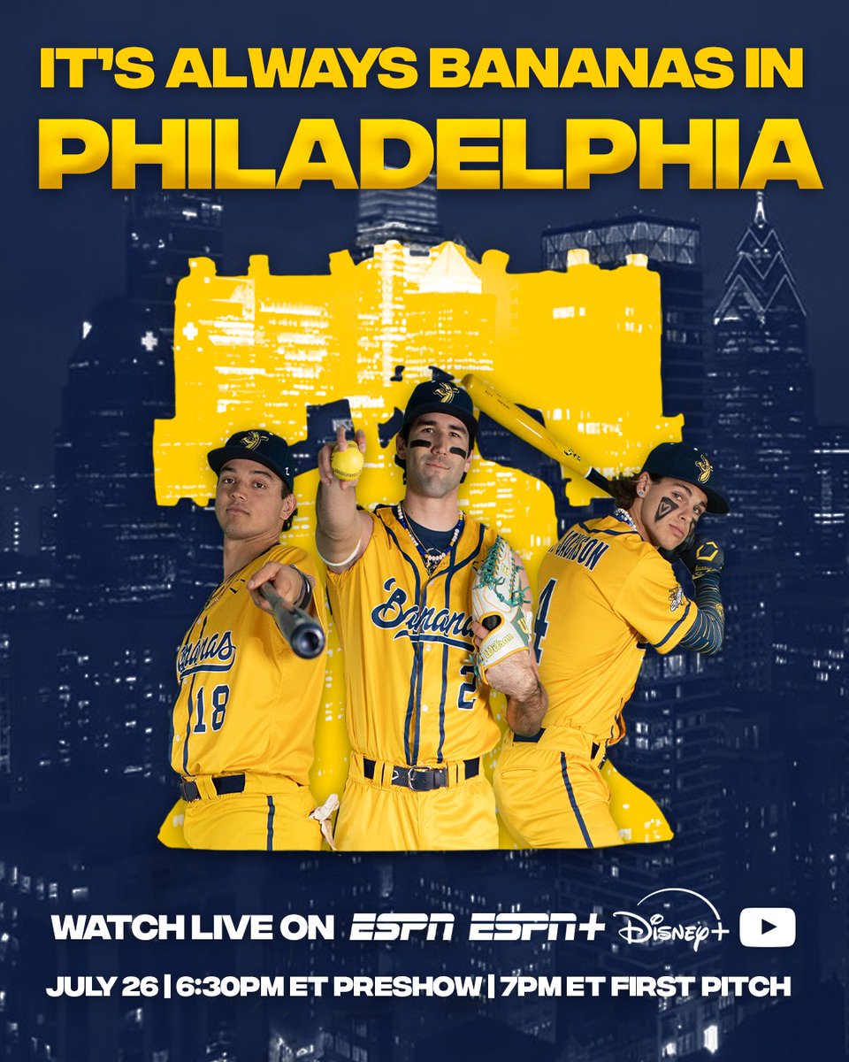 It's Always Bananas in Philadelphia🍌 

Tune in as the Savannah Bananas take on the Texas Tailgaters at Citizens Bank Park live on ESPN.

6:30pm ET | Banana Ball Live - The Preshow
7:00pm ET | First Pitch