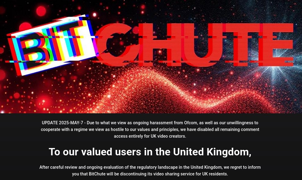 Auch der Youtube ähnliche Videoservice Bitchute beendet seinen Service für Benutzer in UK.

Irre!