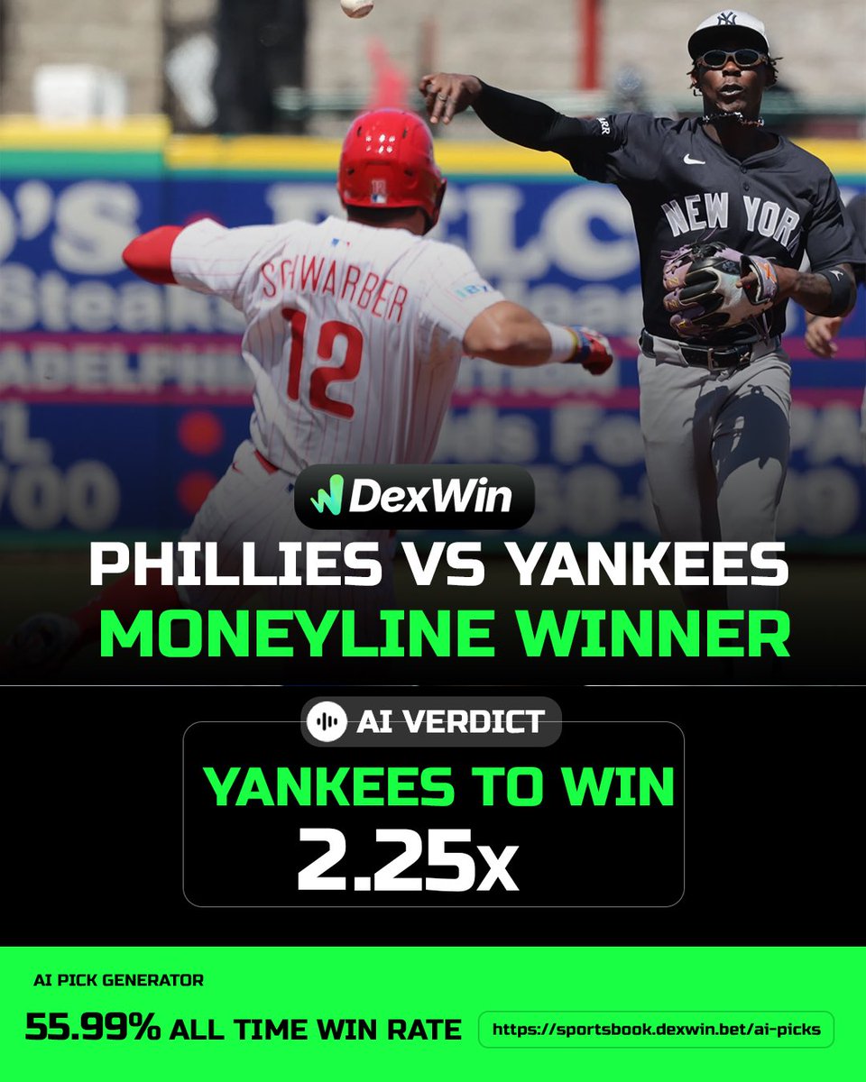DexWin_Sports's tweet image. MLB Betting Predictions, Betting Lines & Odds - Philadelphia Phillies vs New York Yankees ⚾️
Phillies vs Yankees Odds Today🏟️
Free MLB Pick for the Day - Yankees ML @ 2.25 ✅
Follow @DexWin_Sports for more MLB betting odds today, MLB picks and MLB predictions daily ⚾️
