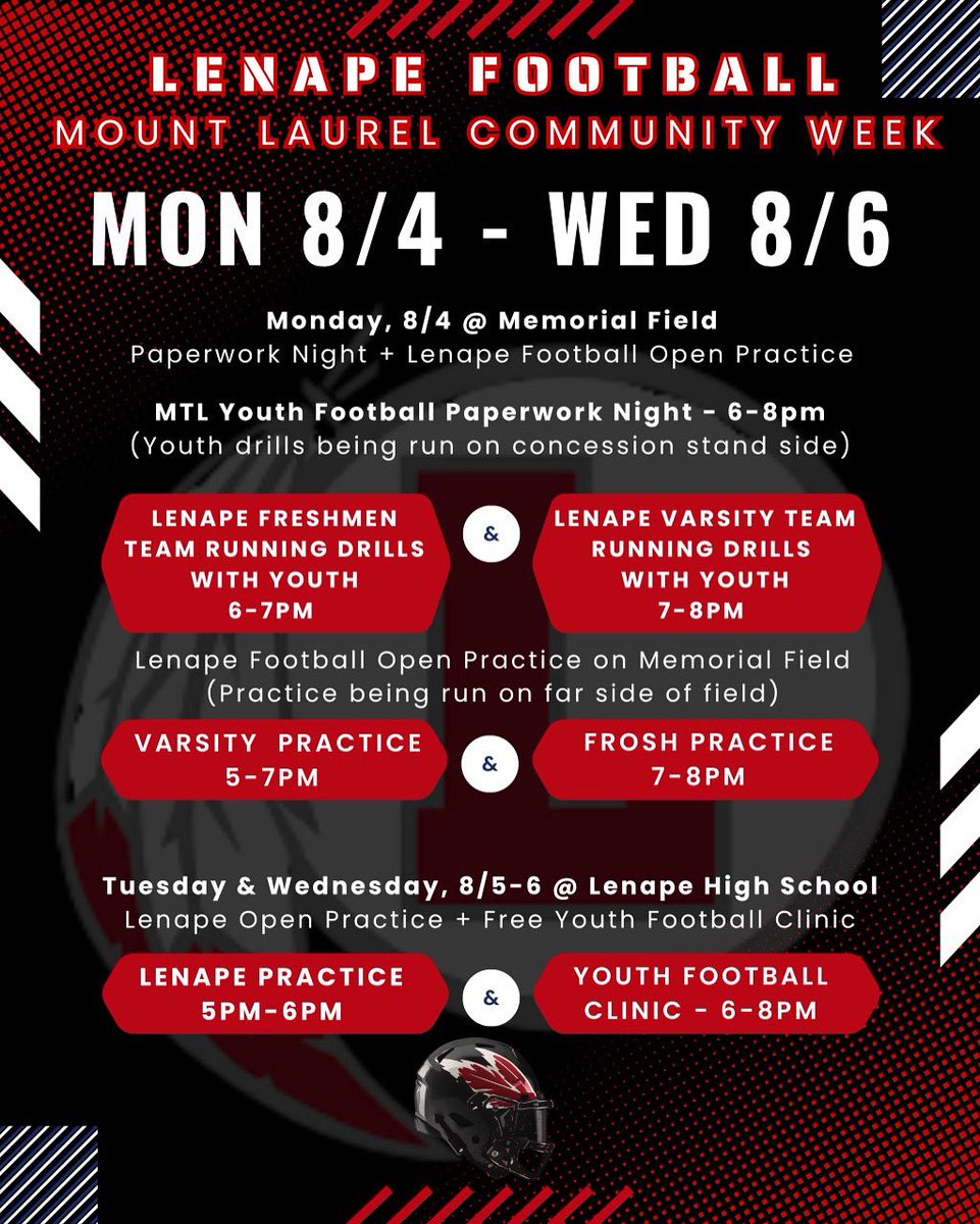 Excited to announce our Lenape Football MTL Community Week! 

Let’s build our community and football program together, one day at a time. 

Investing our effort and energy into the people and programs that help our kids become the best they can be. 

#RollTribe
