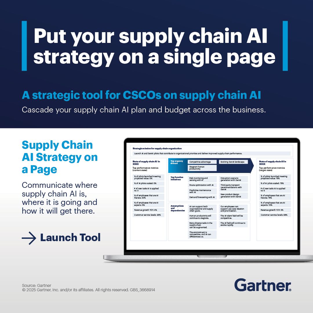 Gartner_inc's tweet image. It’s critical that CSCOs communicate where supply chain AI is, where it is going and how it will get there.

Use Gartner&apos;s AI strategy framework to cascade your strategic plan throughout the organization: gtnr.it/44TSzAS

#GartnerSC #SupplyChainStrategy…