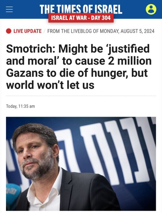 Ylainoa's tweet image. "Dejar morir de hambre a los dos millones de palestinos en Gaza sería justificado y moral pero el mundo no nos lo permitirá".
Smotrich.
Se equivocaba, sí se lo están permitiendo.