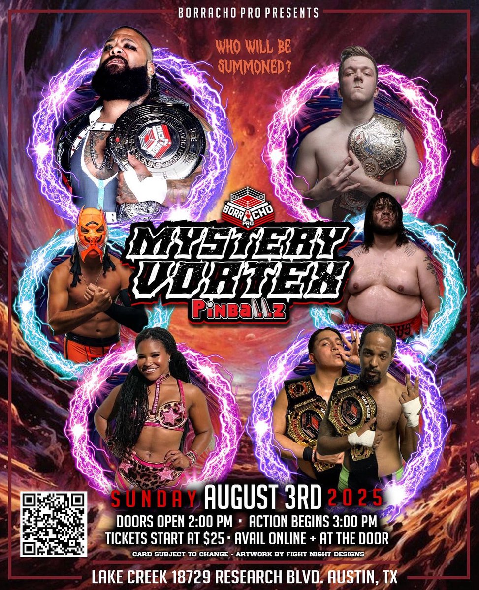BorrachoProATX's tweet image. Borracho Pro: Mystery Vortex is in 8 days! We have 9 matches, all mysteries and all Borracho Pro Titles are on the line! We still have 2 front row left, 2nd and GA are moving quick too! Be there for one of our funnest events of the year at Pinballz! ticketleap.events/tickets/borrac…