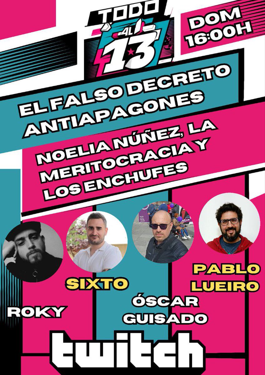 Mañana tenemos el último programa de la temporada de Todo al Trece. 
Hablaremos del infumable decreto que nos quiso colar este gobierno, de Noelia Núñez, con su falso currículum y repasaremos lo que ha sido la primera temporada de este programa. 

twitch.tv/todoaltrece