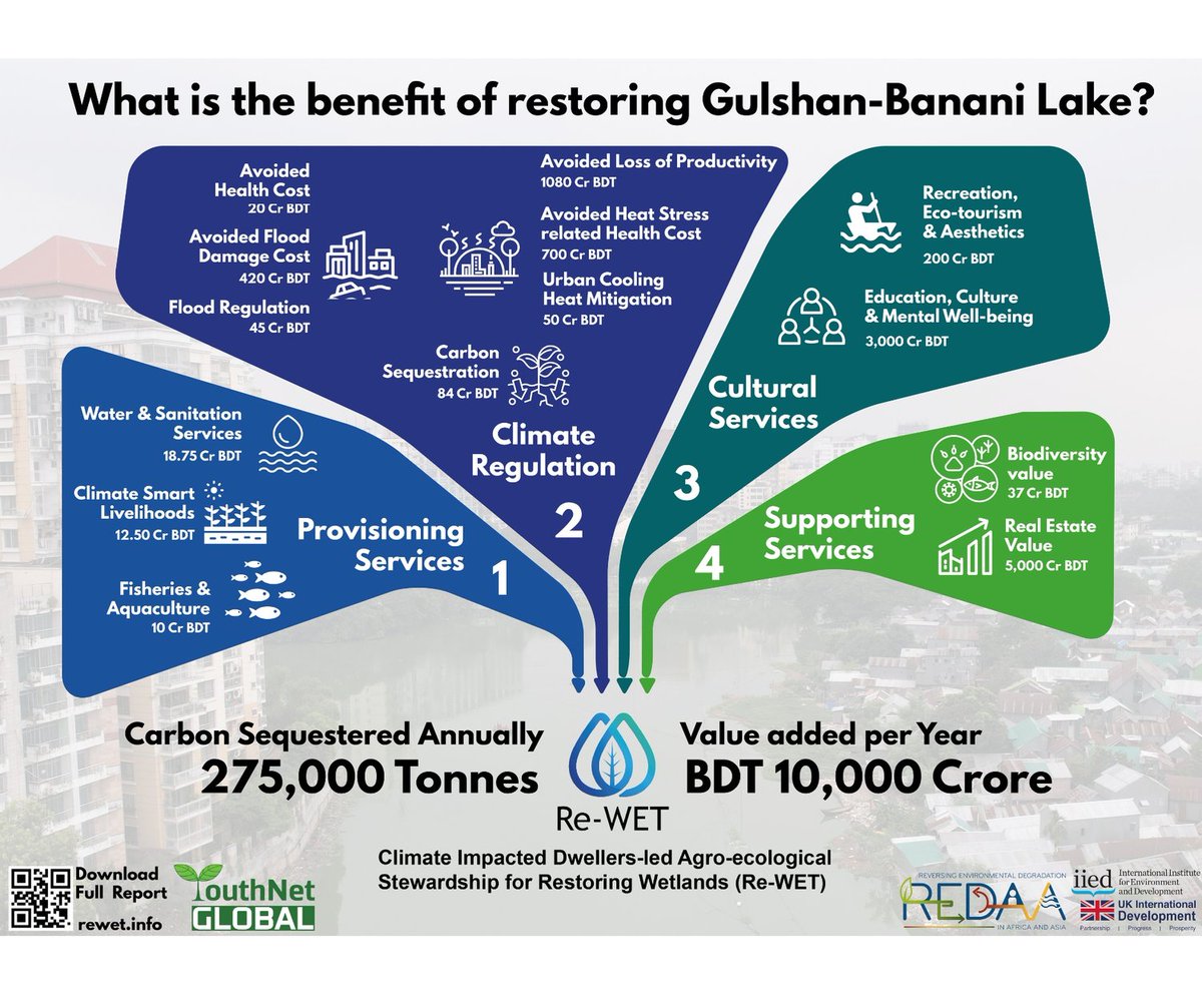 🇧🇩’s wetlands are our last line of defence against the climate crisis!

The #ReWET project proves local action works restoring Gulshan–Banani Lake alone could bring $25B benefits in 20 years.

Youth must lead &amp; climate finance must flow now. 🌍✊

#NatureBasedSolutions #COP15