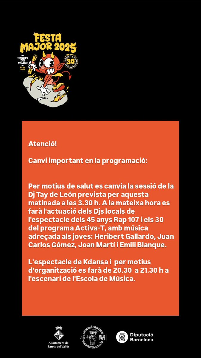 ajparets's tweet image. Atenció! Canvi important en la programació: