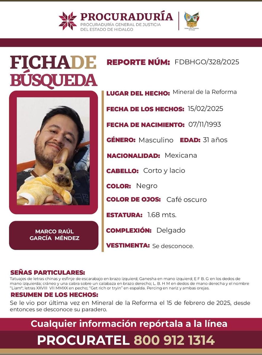 📌Solicitamos tu apoyo con la #DIFUSIÓN de la #FichaDeBúsqueda para localizar a MARCO RAÚL GRACÍA MÉNDEZ. Si tienes información, comunícate ☎️ 8009121314 PROCURATEL #PGJEH. #CadaSegundoCuenta #TuAyudaCuenta #ActuemosRápido