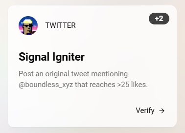 🍓 #boundlessxyz  : Mainnet Live + New Silver Task

➡️Go to: signal.beboundless.xyz/rewards
☑️Complete tasks For Get whitelisted 
☑️Once completing you’ll get WL for $ZKC sale 
☑️Start proving in Prove Tab

☑️Post a tweet mentioning <a href="/boundless_xyz/">Boundless</a>
☑️Get 25+ likes
☑️Earn +2 XP + prove
