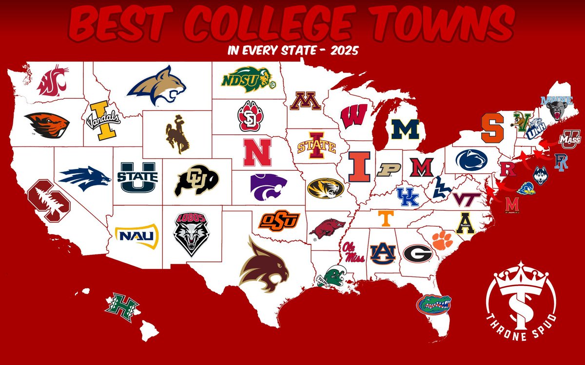 ThroneSpud's tweet image. The Best College Towns in Each State!
These schools have great atmospheres around them and are super fun bucket list locations for even the most casual CFB fans. Been to some great bars in some of these cities.
Who was snubbed? Leave any thoughts below👇 💭