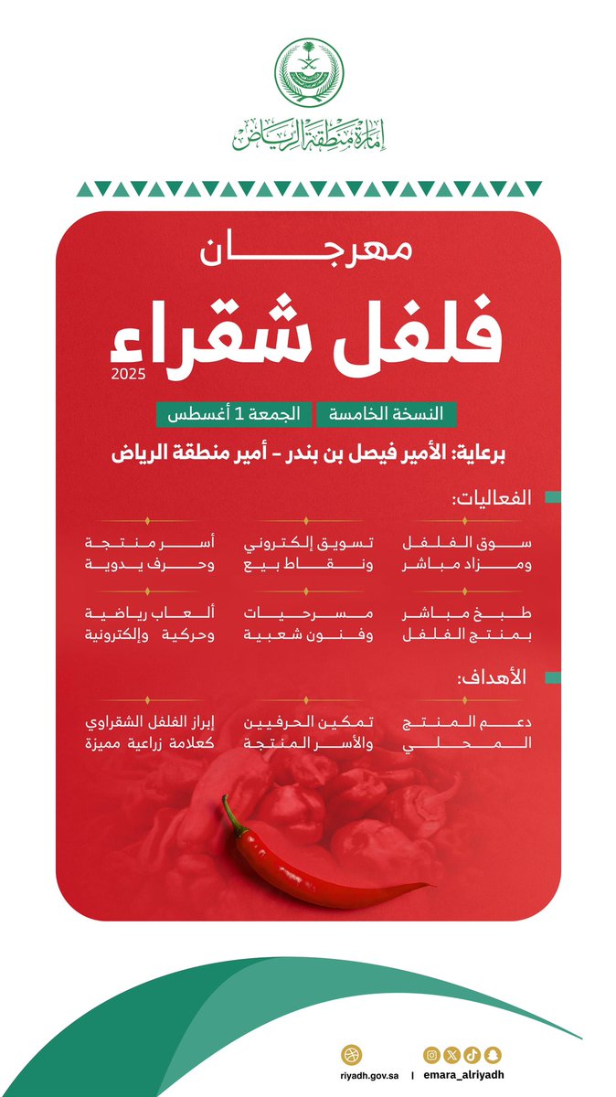 برعاية سمو أمير منطقة الرياض الأمير فيصل بن بندر بن عبدالعزيز، تنطلق 1 أغسطس فعاليات النسخة الخامسة من مهرجان فلفل شقراء، في تظاهرة اقتصادية وترفيهية لدعم المنتج المحلي وتمكين الحرفيين وتعزيز مكانة الفلفل الشقراوي كعلامة زراعية مميزة. 🌶️

#إمارة_منطقة_الرياض