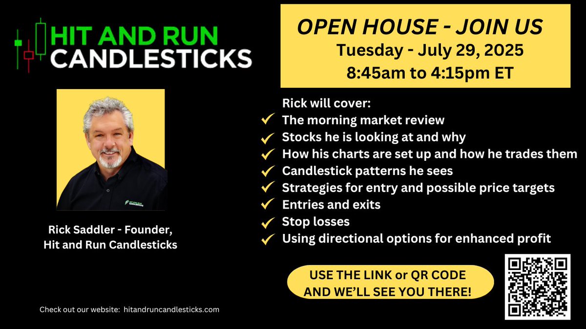 *****HRC Trading Room OPEN HOUSE****
Rick Saddler - Pro Trader for 30+years -Tuesday, July 29
LEARN FROM A PRO - Hit and Run Candlesticks
REGISTER NOW! ---&gt;zurl.co/iIfFk
