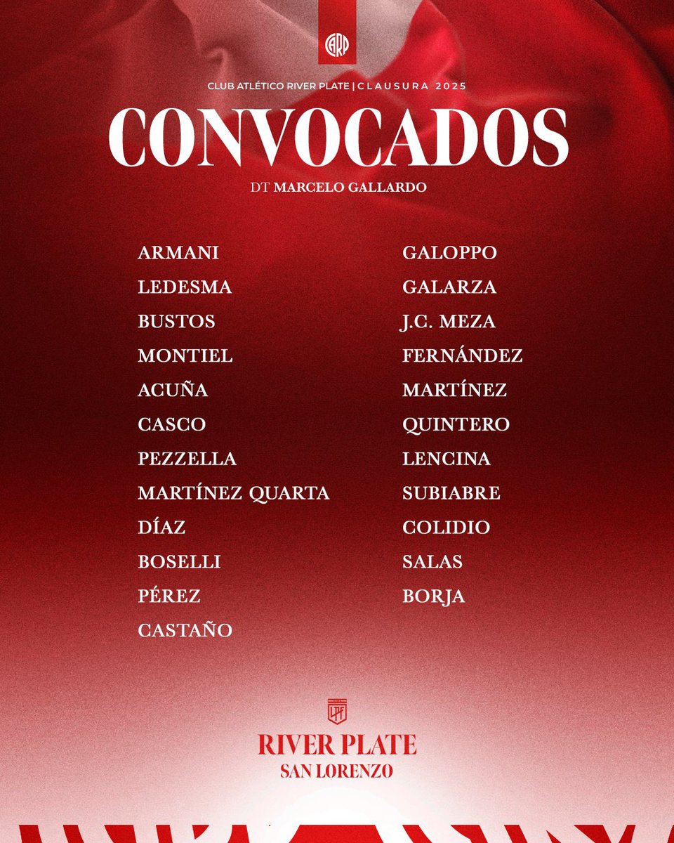 GermanBalcarce's tweet image. #RIVER | Juan Fernando Quintero y Matías Galarza forman parte de la lista de 23 convocados para el partido contra San Lorenzo, a disputarse este domingo, desde las 20:30, en el estadio Monumental. Lautaro Rivero, lesionado, y Bautista Dadín salieron de la nómina.