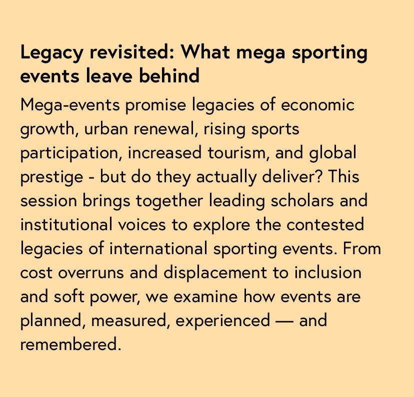 Stanis Elsborg (@staniselsborg) on Twitter photo π Who should we hear from on mega-event legacies - especially beyond Europe and North America?
Weβre organising the below session at Play the Game 2025.
Got a suggestion? Drop it at stanis@playthegame.org
More info about the conferenceπplaythegame.org/2025 π Who should we hear from on mega-event legacies - especially beyond Europe and North America?
Weβre organising the below session at Play the Game 2025.
Got a suggestion? Drop it at stanis@playthegame.org
More info about the conferenceπplaythegame.org/2025