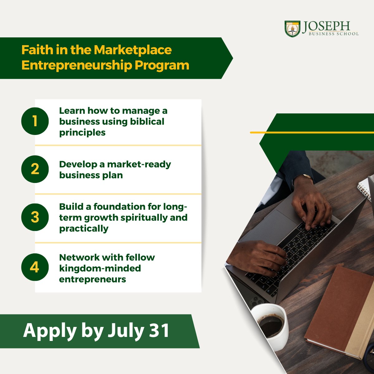 JBSedu's tweet image. In just 4 months, the Faith in the Marketplace #Entrepreneurship Program can help you launch your #business. Develop a market-ready business plan, grow spiritually, and connect with faith-driven entrepreneurs. Learn about our #businessprogram and apply! hubs.li/Q03wRD_l0