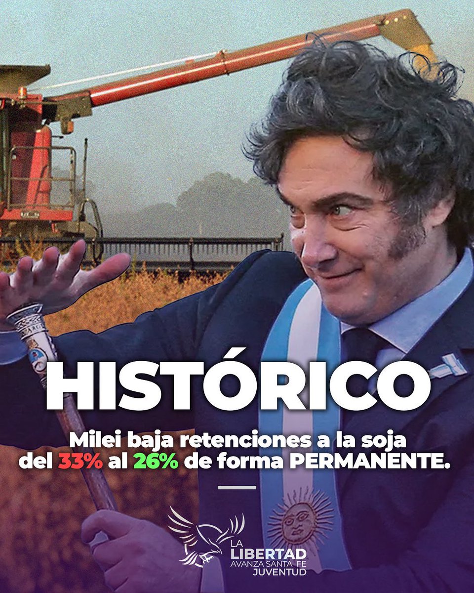 jllasantafe's tweet image. MILEI CUMPLE.
Baja las retenciones como prometió y así quedarían:
🥩 Carne: 5%
🌽 Maíz: 9,5%
🌻 Girasol: 5,5%
🌱 Soja: 26%
ES EXACTAMENTE LO QUE VOTE🇦🇷